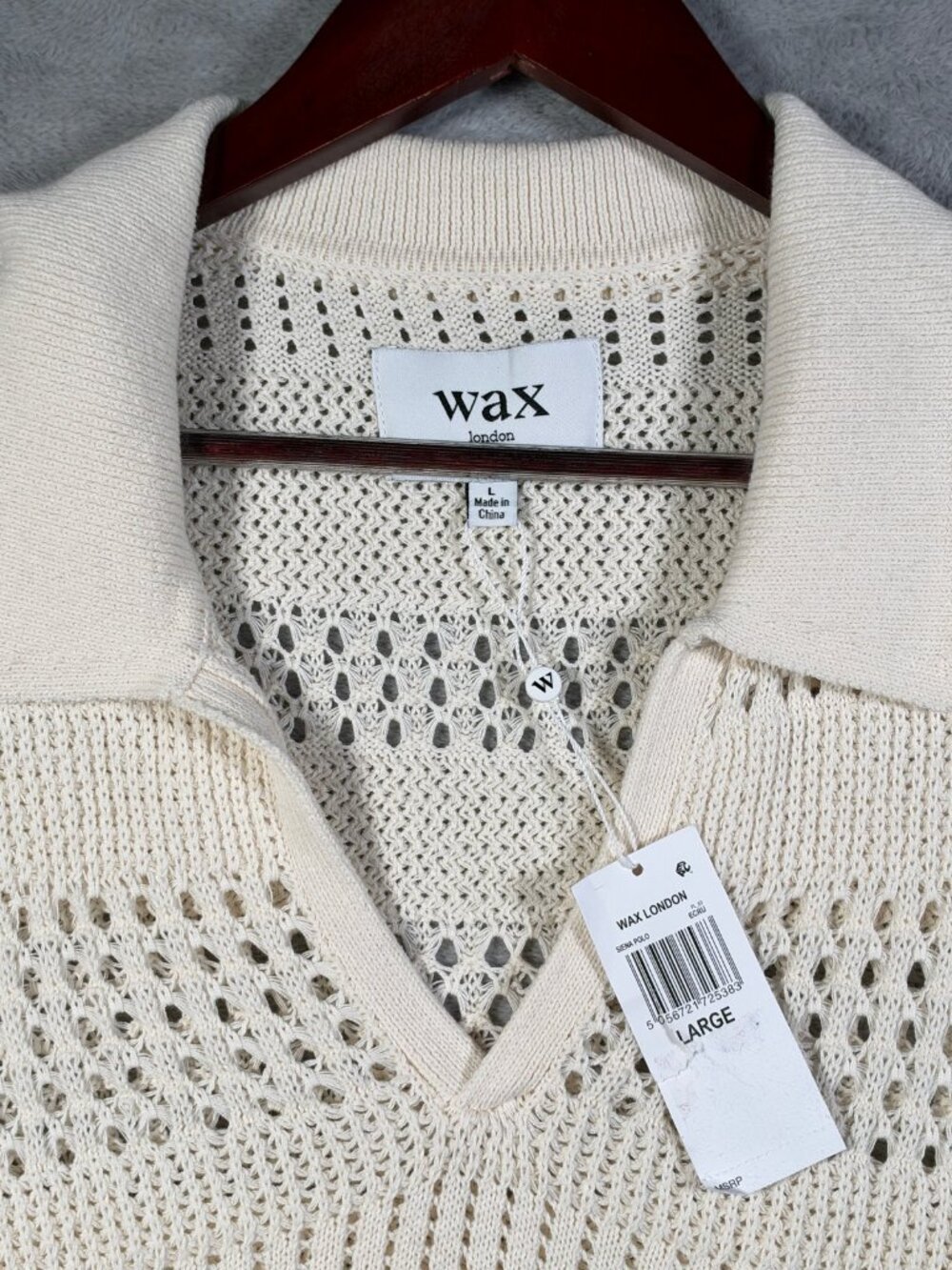 Wax London Polo Shirt Mens L Ecru Ivory Siena Open Knit Crochet Short Sleeve